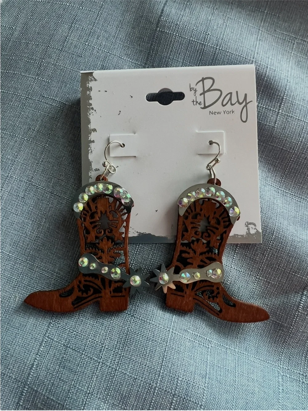 Brown Wooden Cowboy Boot Earrings with Rhinestones